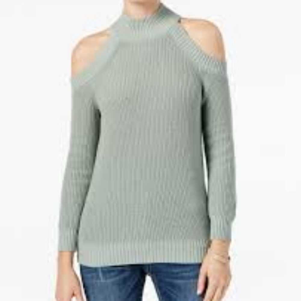 INC International Concepts Sage Green Cold-Shoulder Ribbed Sweater